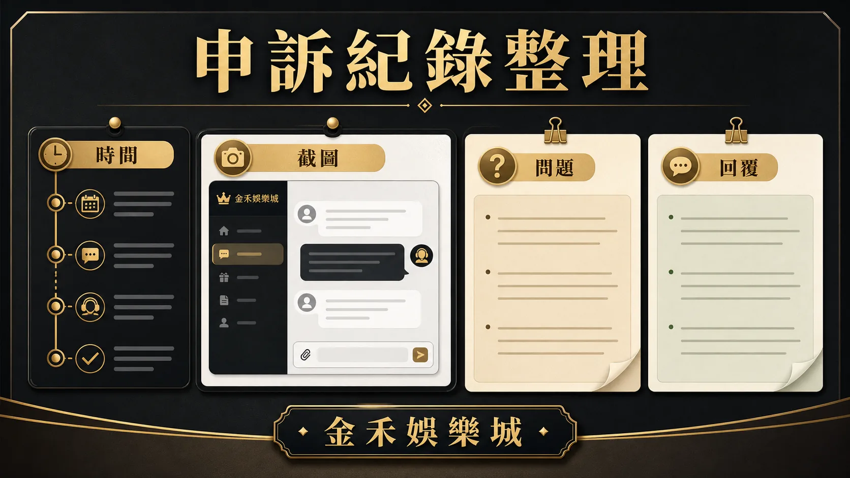 金禾娛樂城申訴紀錄整理插圖，呈現時間、截圖、問題與回覆四項紀錄重點