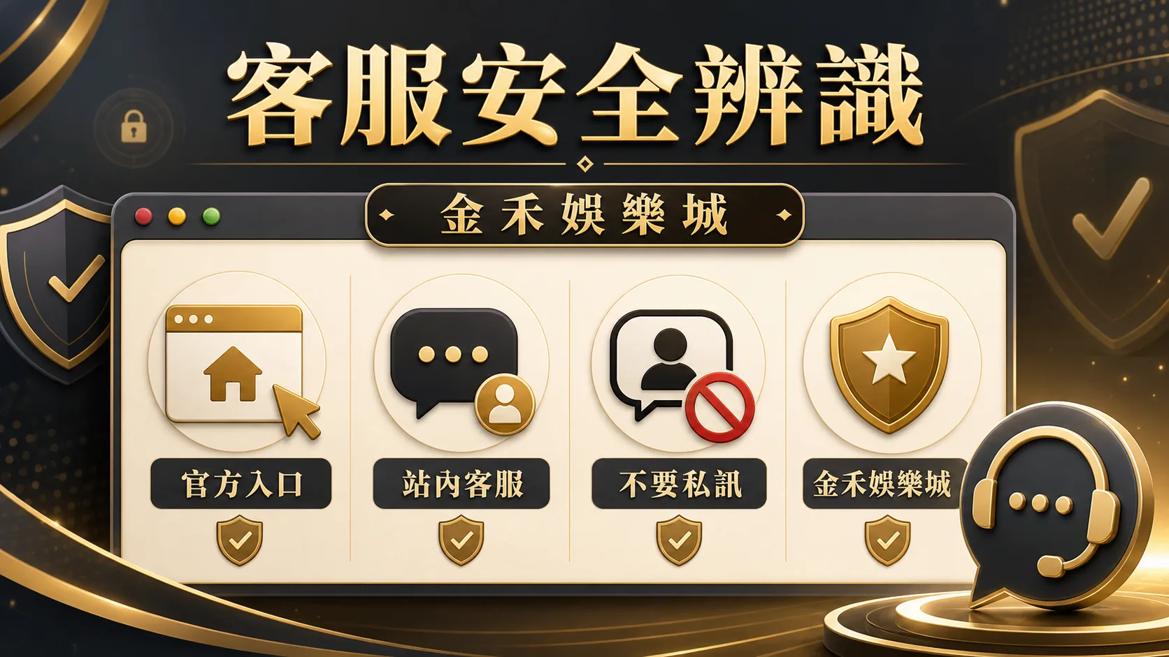 金禾娛樂城客服安全辨識插圖，提醒從官方入口、站內客服與不要私訊三點確認客服來源