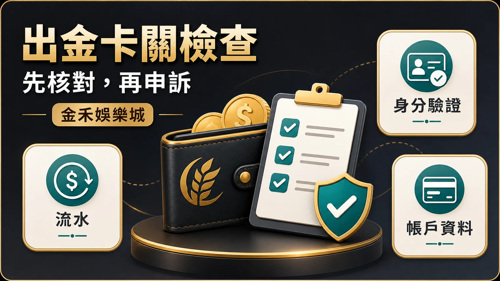 金禾娛樂城出金卡關檢查插圖，提醒先核對流水、身分驗證與帳戶資料