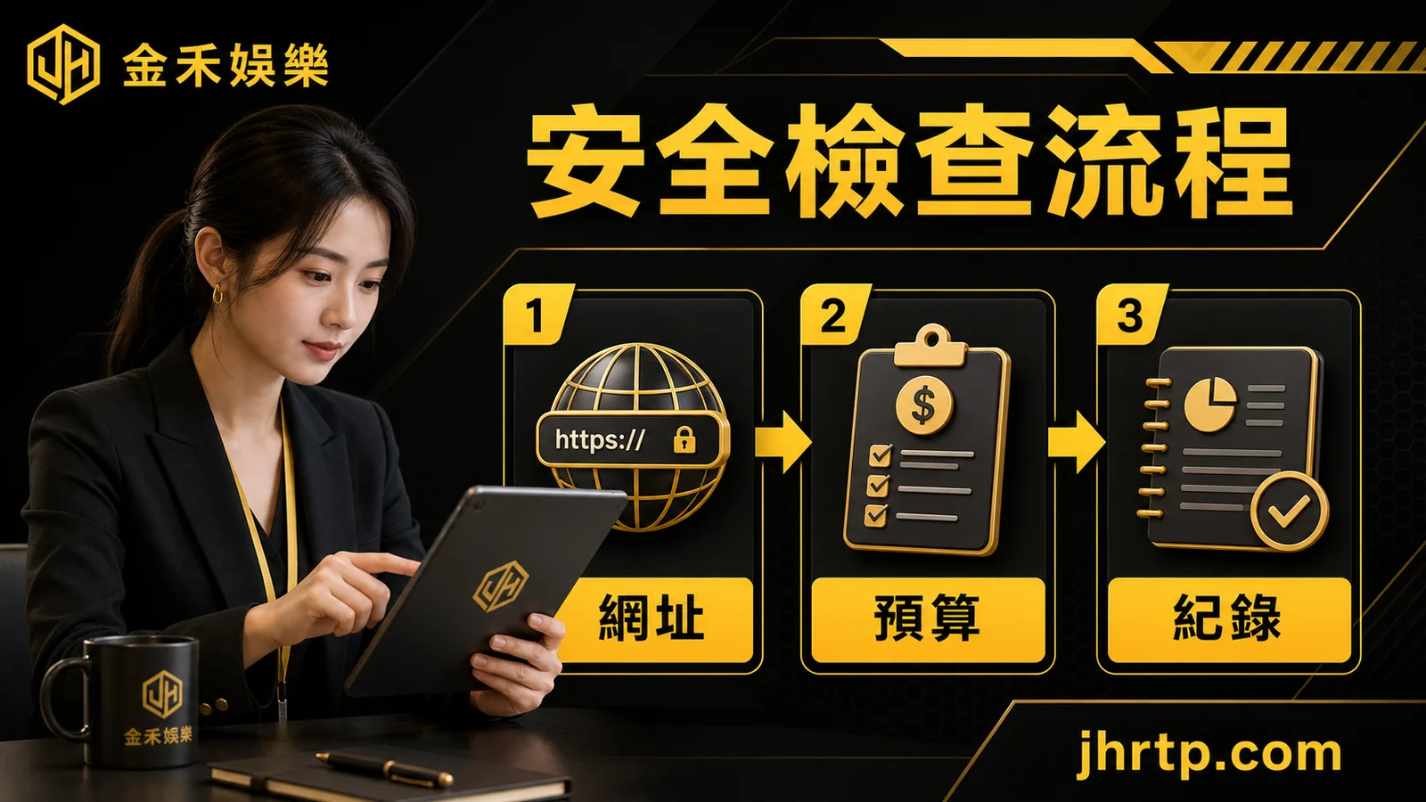 金禾娛樂安全檢查流程插圖，呈現網址、預算與紀錄三個使用前步驟。
